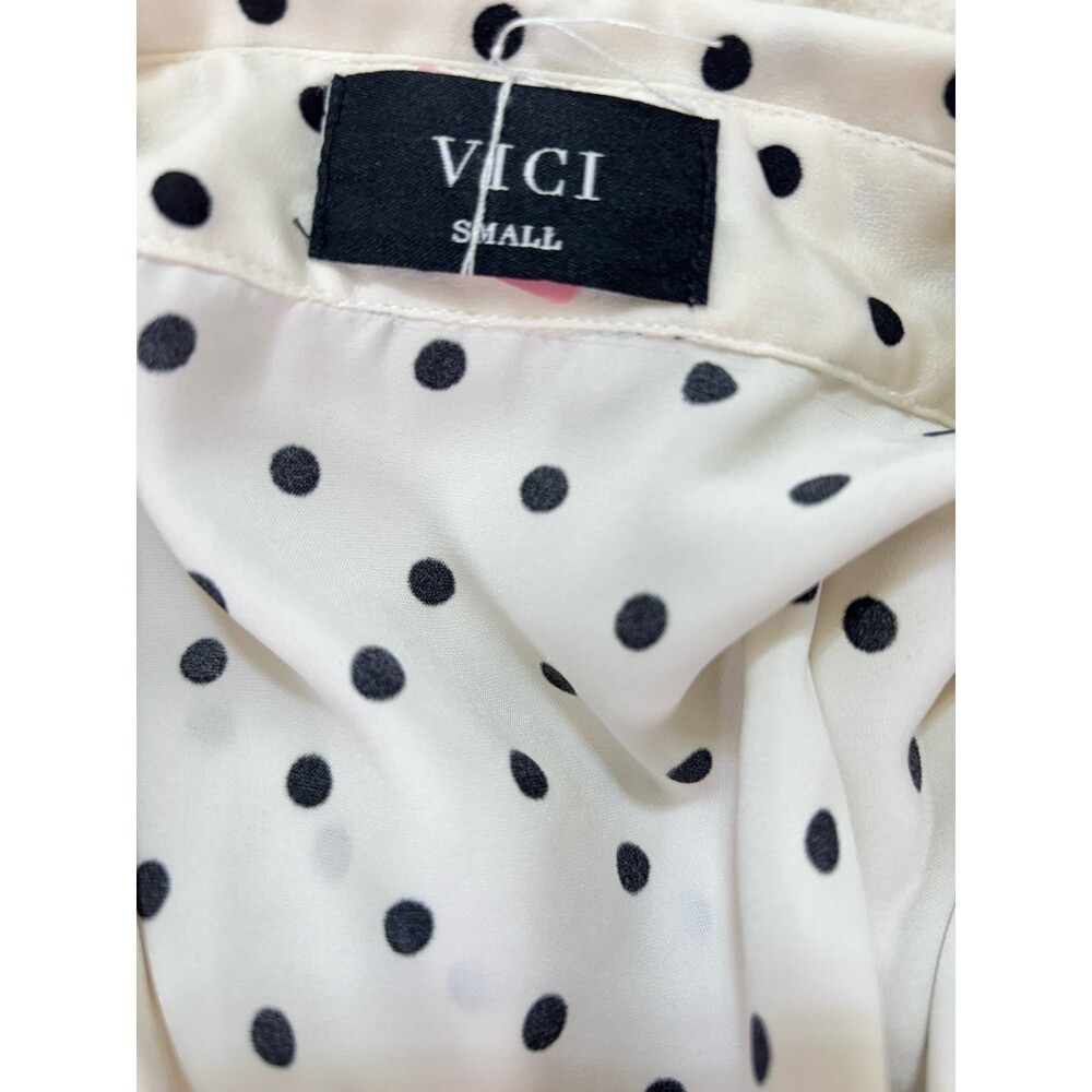 VICI Midi Shirt Dress Black White Polka-dot Print Gathered Front Draping Size S - Picture 8 of 8